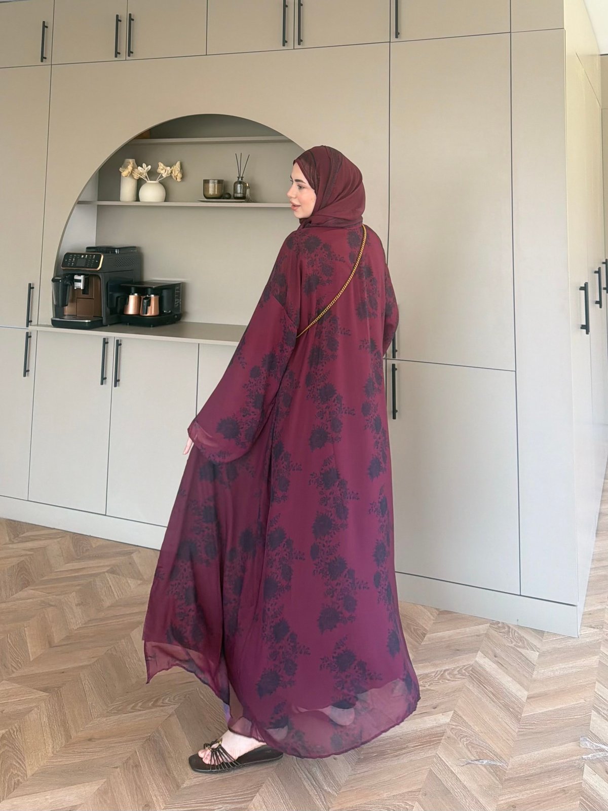 BURGUNDY-BLACK FLORAL ABAYA SET