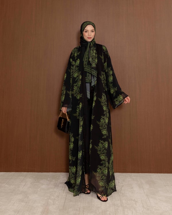 GREEN-BLACK FLORAL ABAYA SET