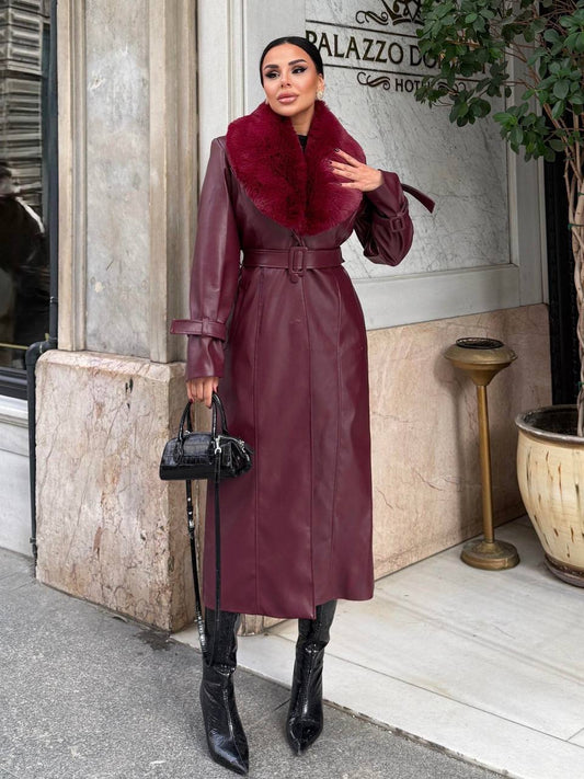 ALARA FUR LEATHER COAT -  BURGUNDY