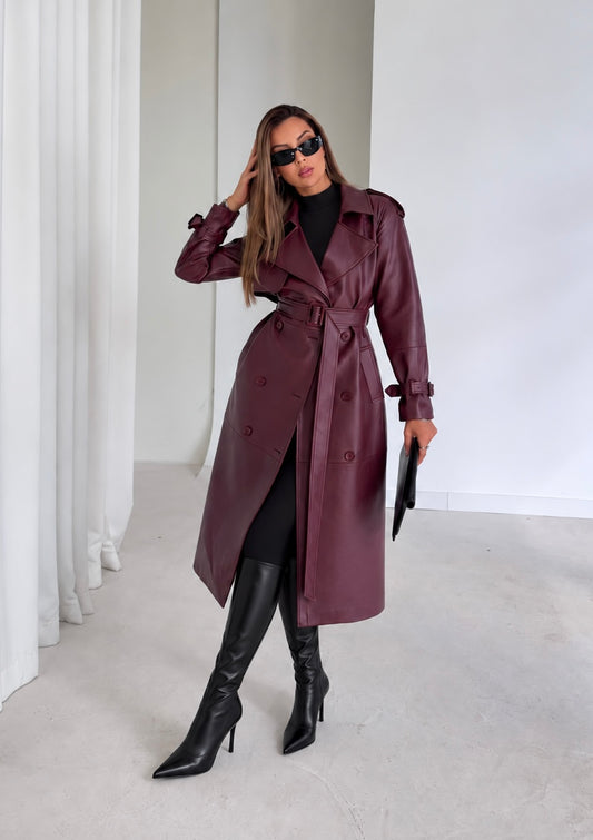 AMARA LEATHER TRENCH COAT - BURGUNDY