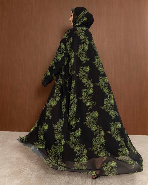 GREEN-BLACK FLORAL ABAYA SET