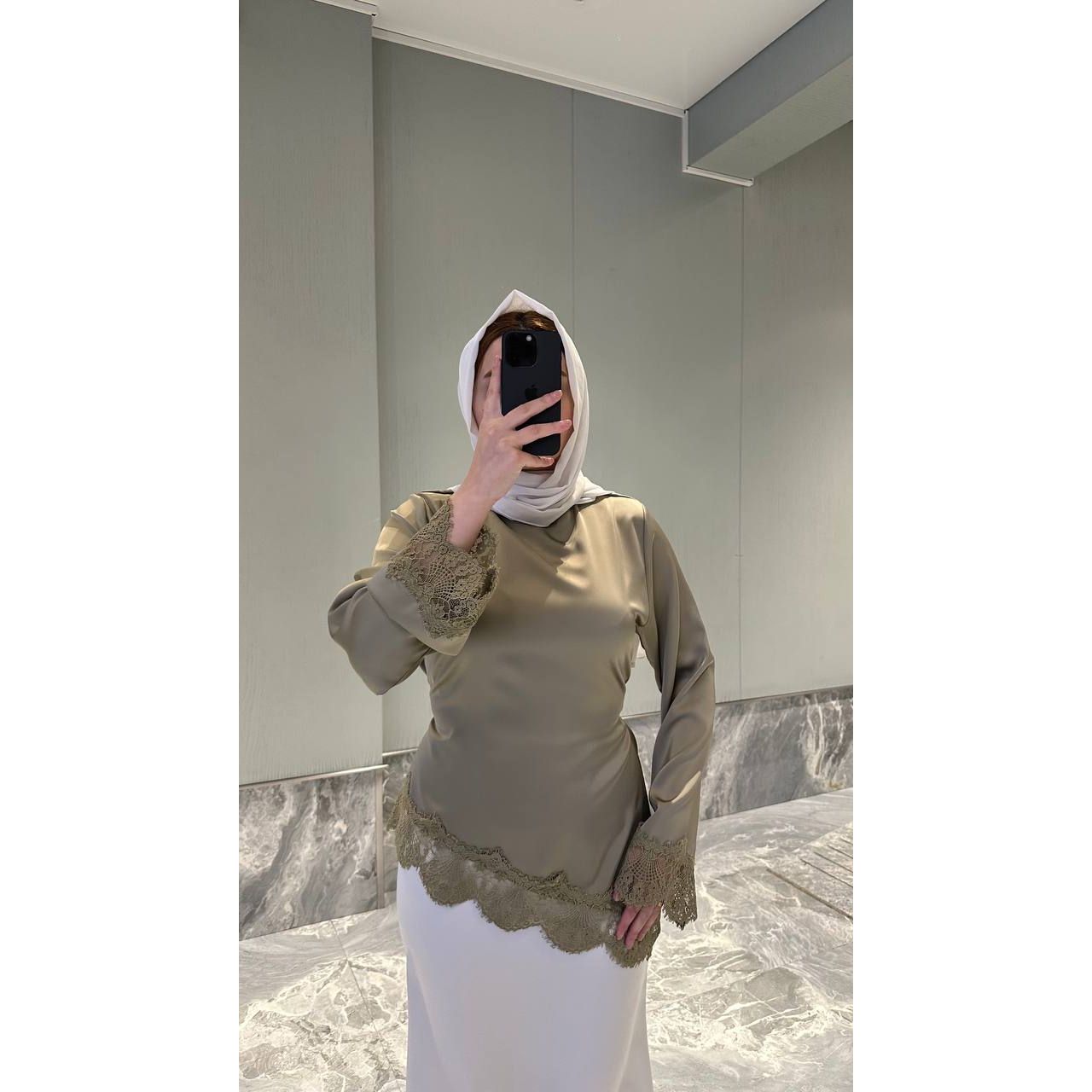 ASSYMETRICAL LACE SATIN TOP - OLIVE TAUPE