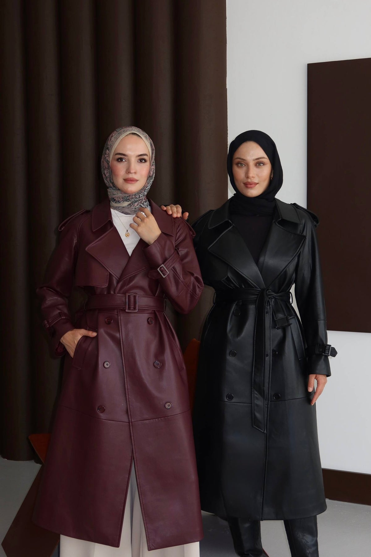 AMARA LEATHER TRENCH COAT - BURGUNDY