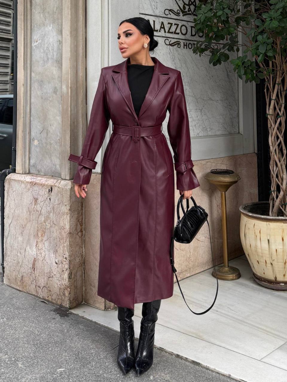 ALARA FUR LEATHER COAT -  BURGUNDY