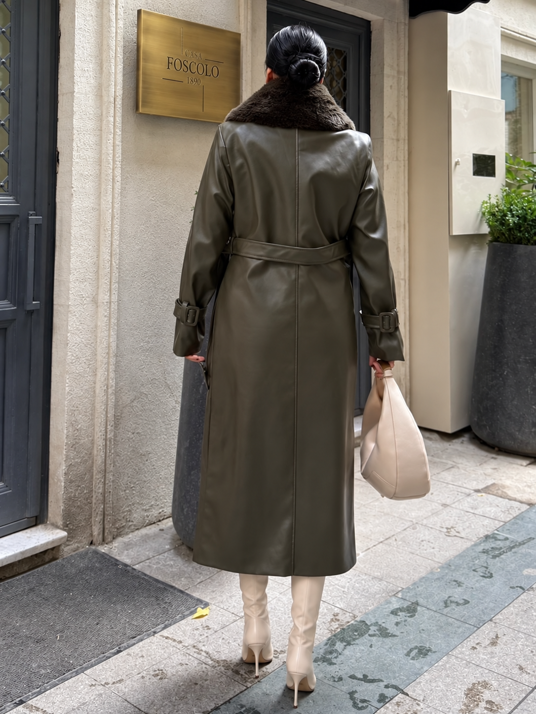 ALARA FUR LEATHER COAT - OLIVE KHAKI