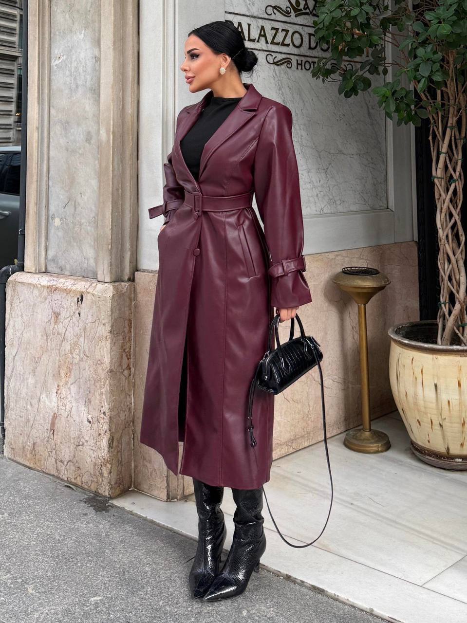 ALARA FUR LEATHER COAT -  BURGUNDY
