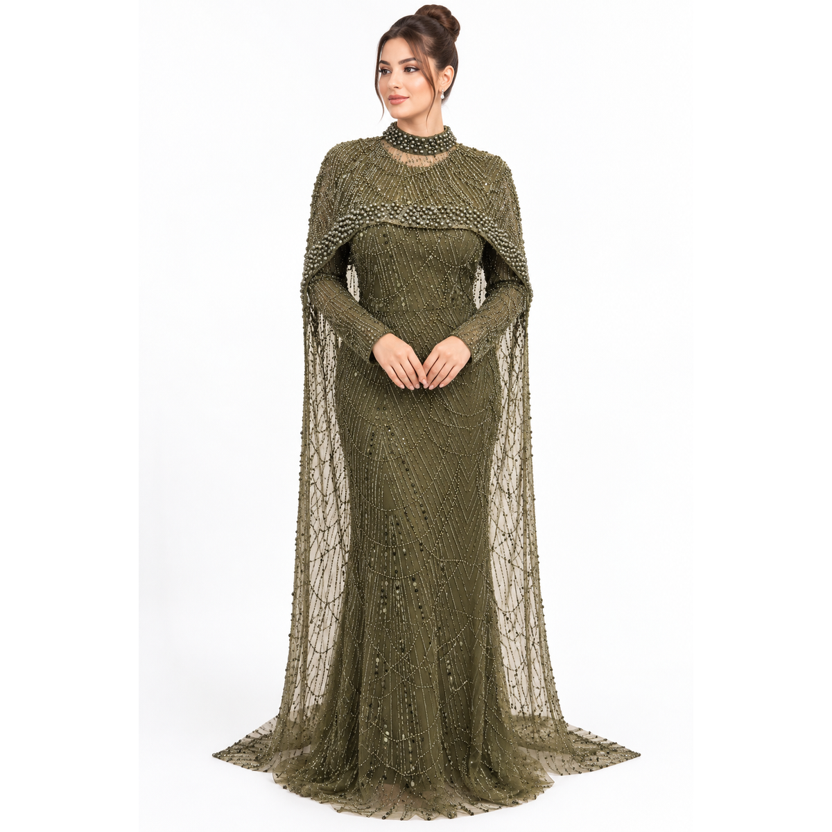 ELARA EMBELLISHED CAPE GOWN – OLIVE