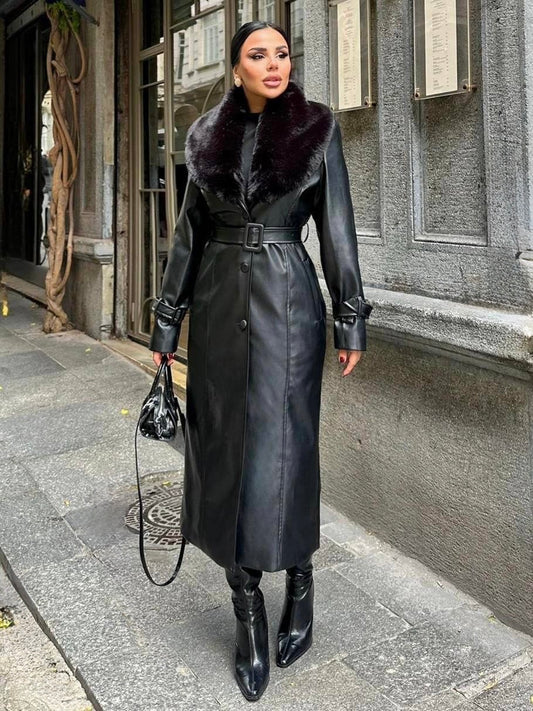 ALARA FUR LEATHER COAT - BLACK