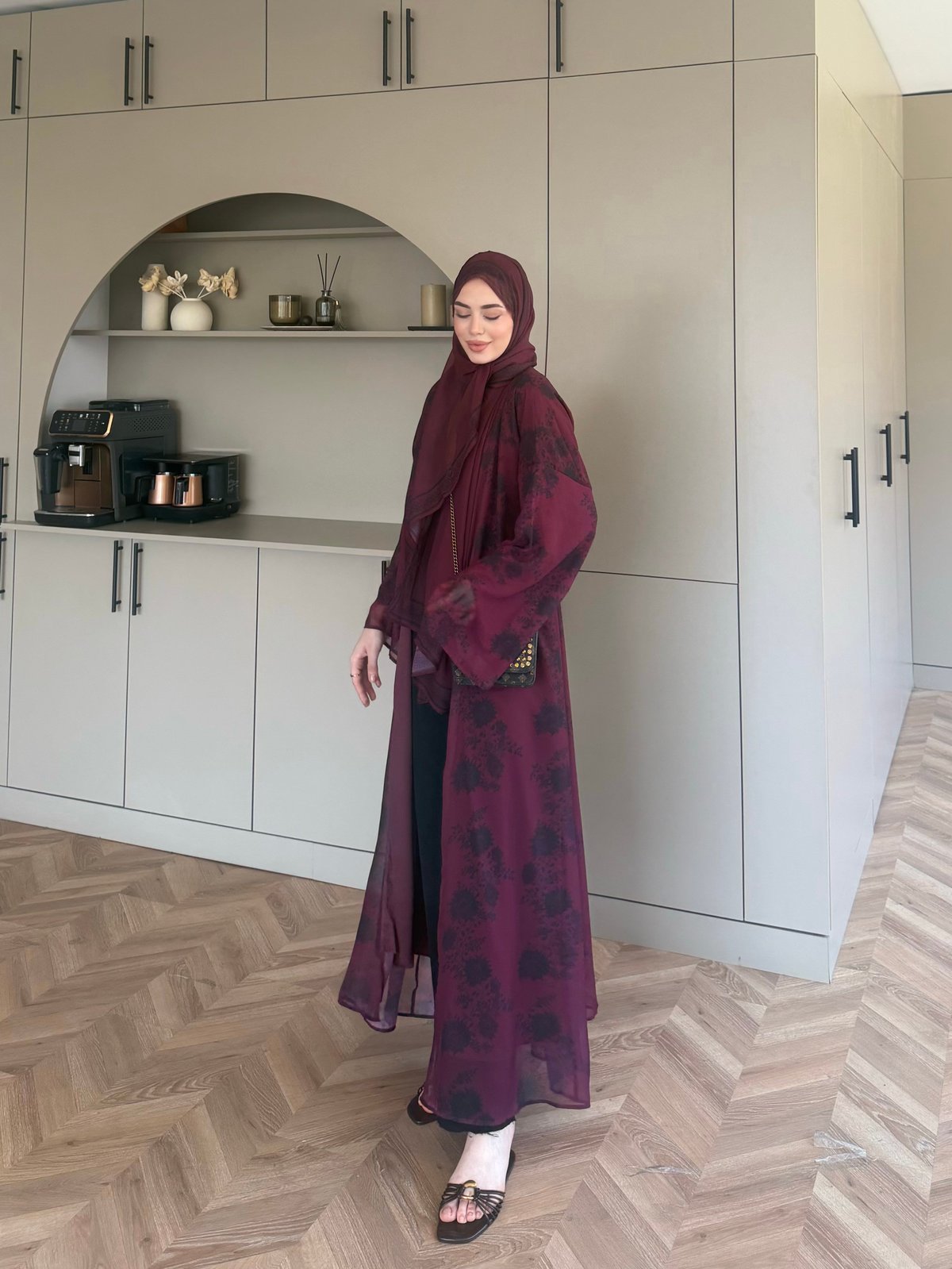 BURGUNDY-BLACK FLORAL ABAYA SET