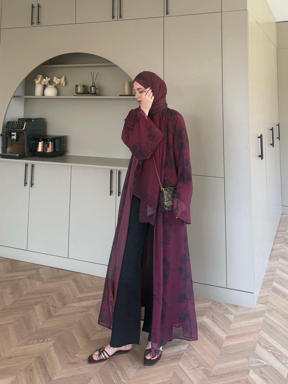 BURGUNDY-BLACK FLORAL ABAYA SET