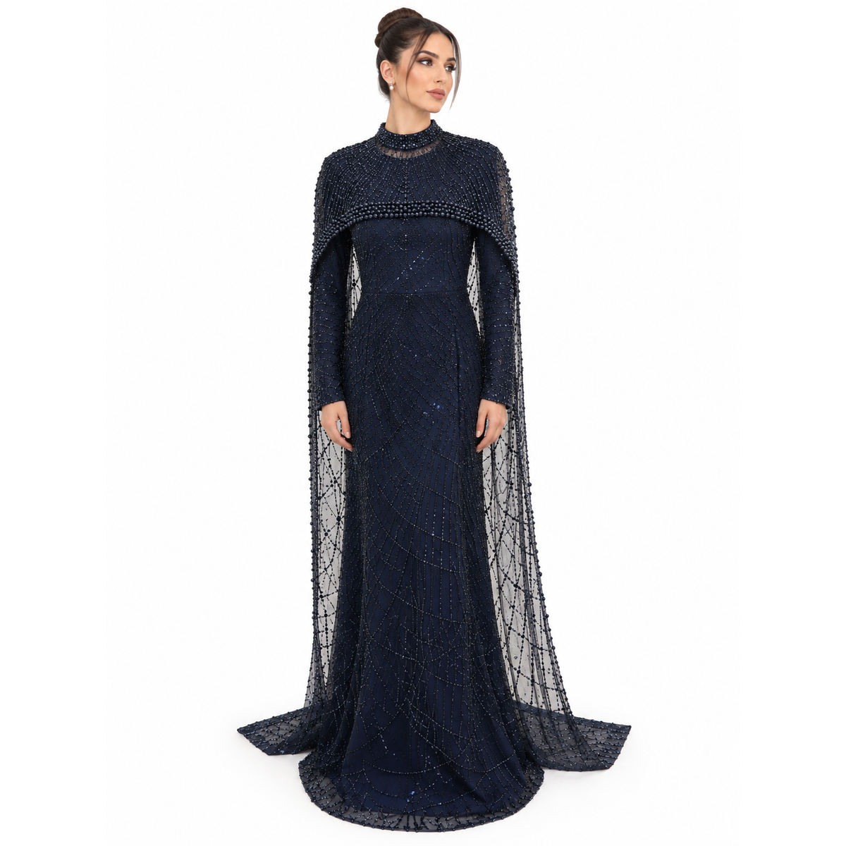 ELARA EMBELLISHED CAPE GOWN – NAVY