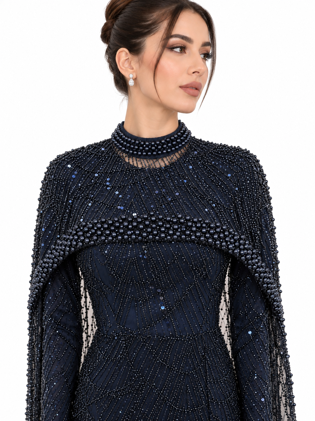 ELARA EMBELLISHED CAPE GOWN – NAVY