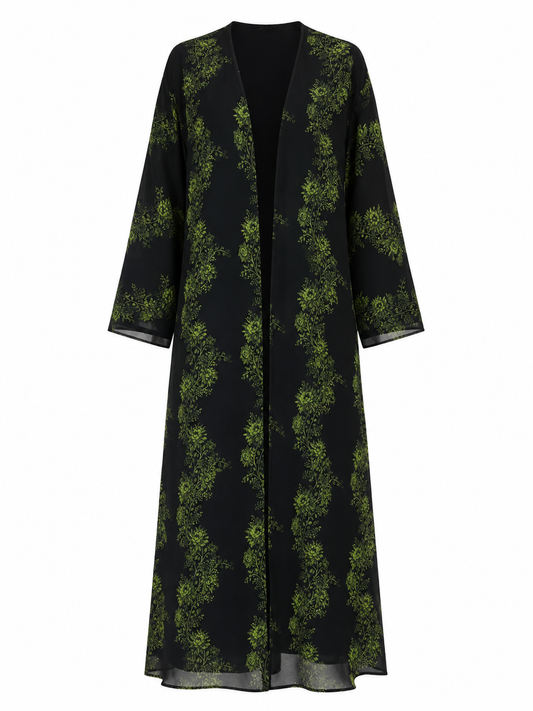 GREEN-BLACK FLORAL ABAYA SET