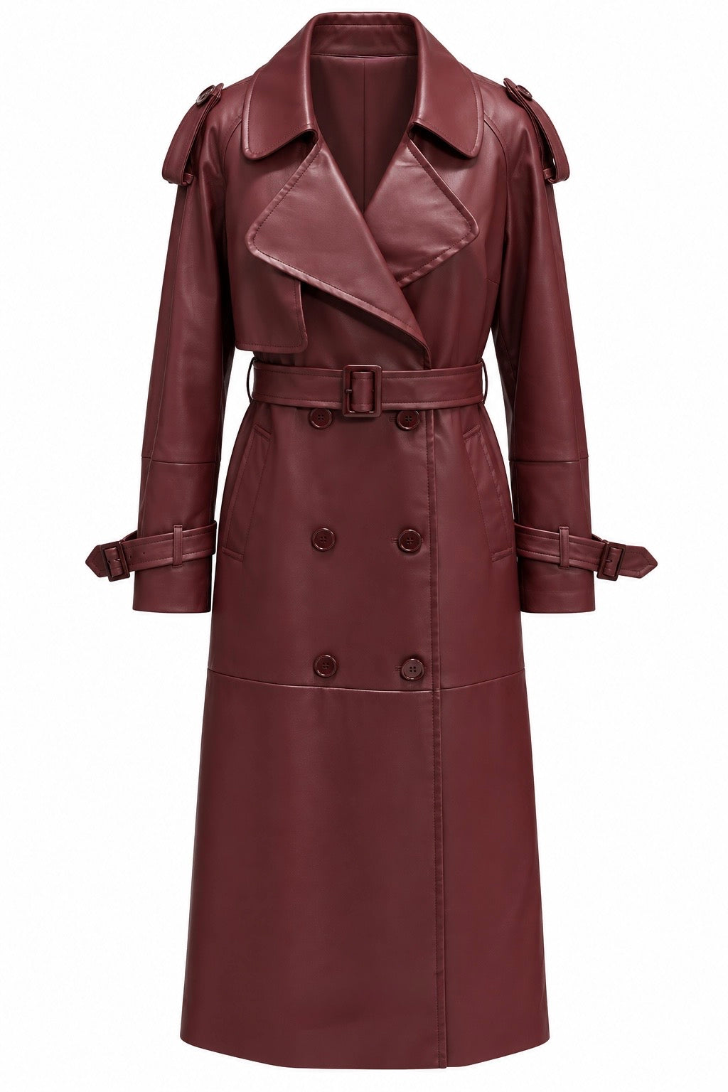 AMARA LEATHER TRENCH COAT - BURGUNDY