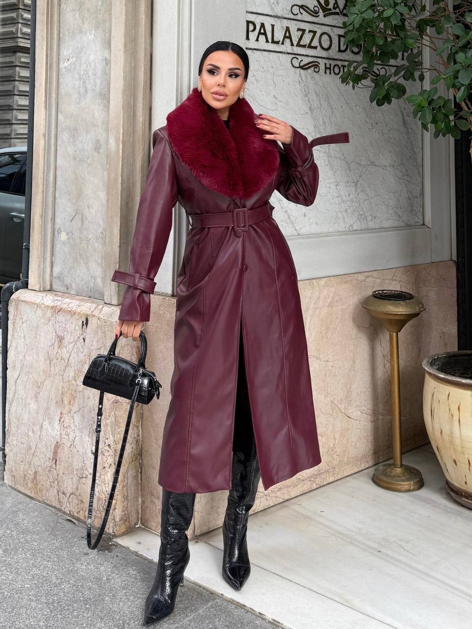 ALARA FUR LEATHER COAT -  BURGUNDY