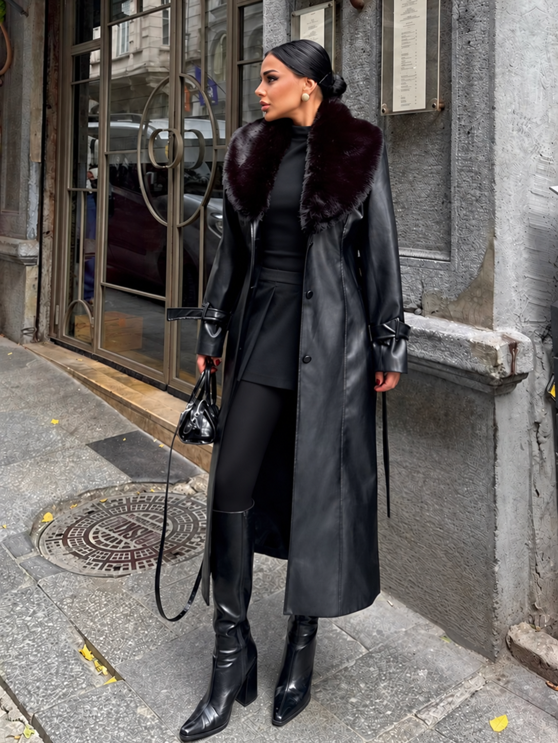 ALARA FUR LEATHER COAT - BLACK