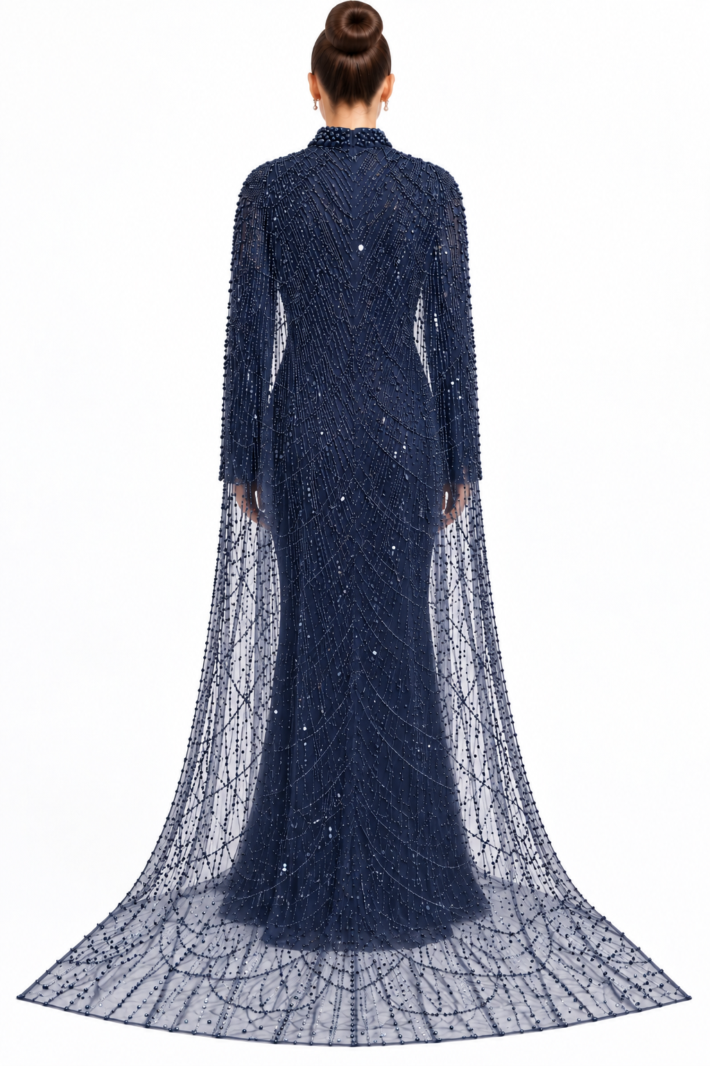 ELARA EMBELLISHED CAPE GOWN – NAVY