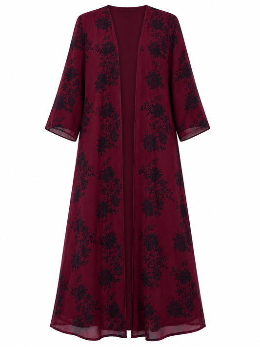 BURGUNDY-BLACK FLORAL ABAYA SET
