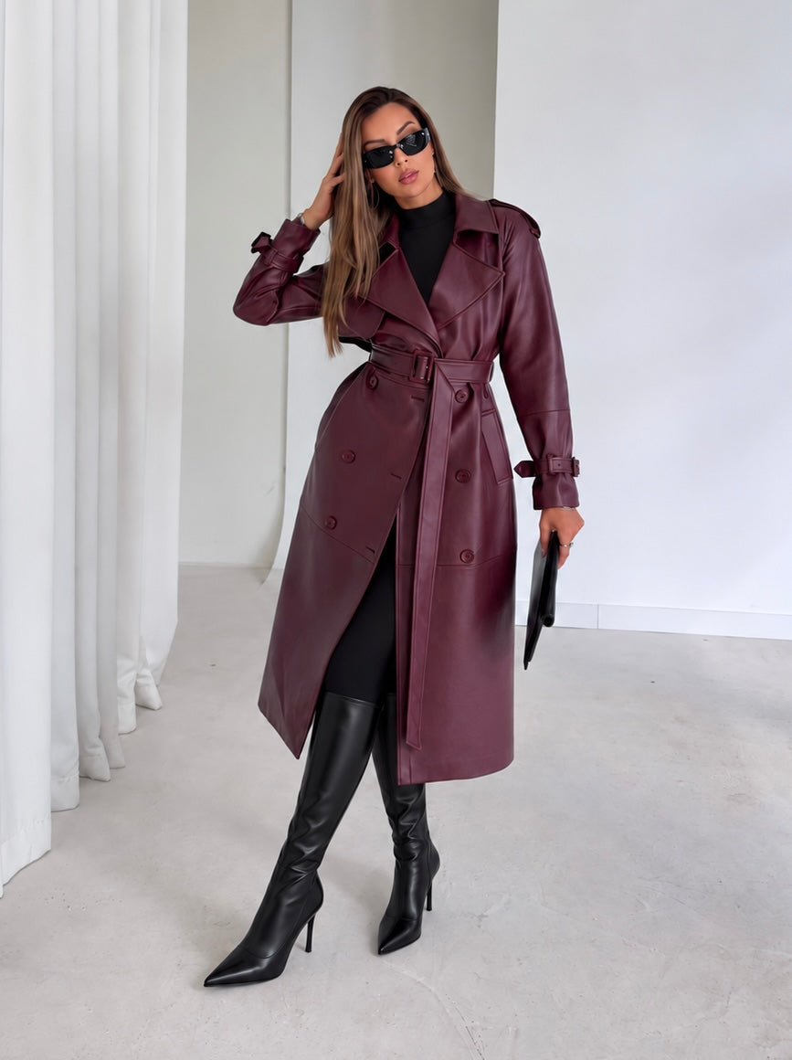 AMARA LEATHER TRENCH COAT - BURGUNDY