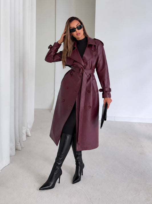 AMARA LEATHER TRENCH COAT - BURGUNDY