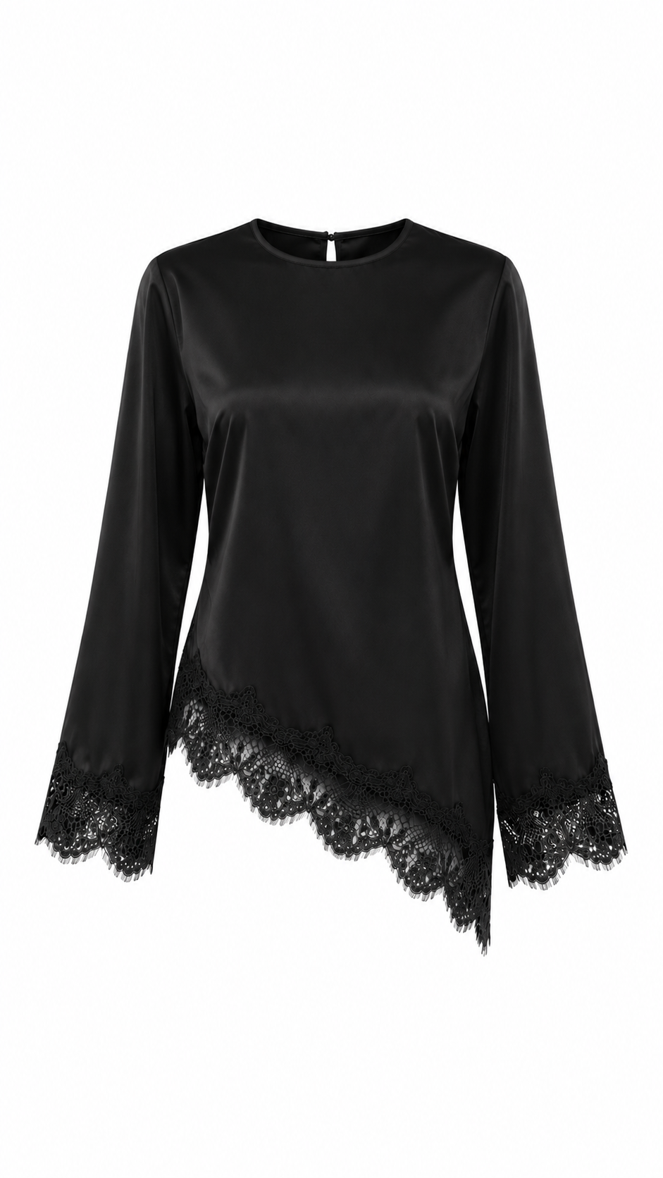 ASSYMETRICAL LACE SATIN TOP - BLACK